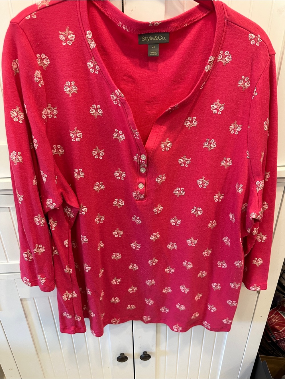 Style & Co. Bright Pink Long-Sleeve Henley with White Floral Print